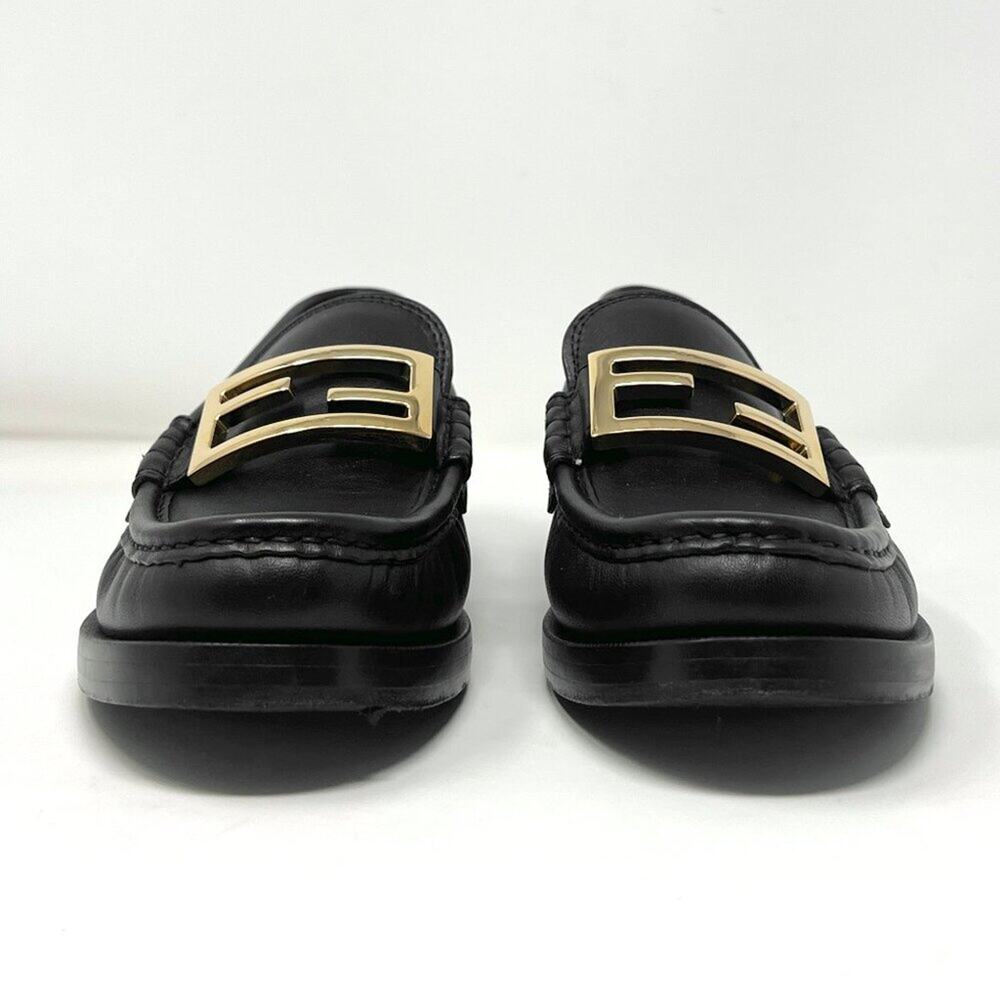 Fendi Black Leather Loafers FF Logo Gold Hardware Flats 39 - Picture 3 of 10